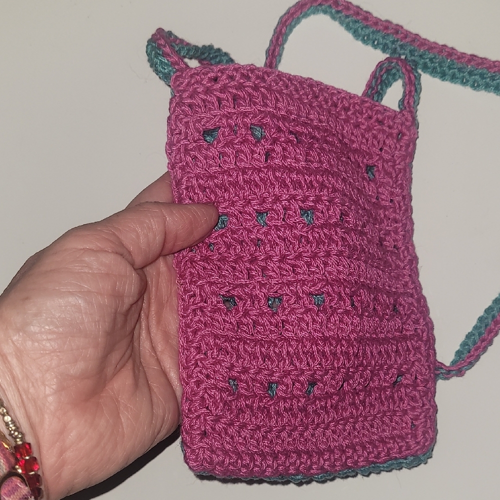 Crochet BOHO Handcrafted Teal Pink Bag Crossbody Cellphone Hipster Reversable - Picture 3 of 4